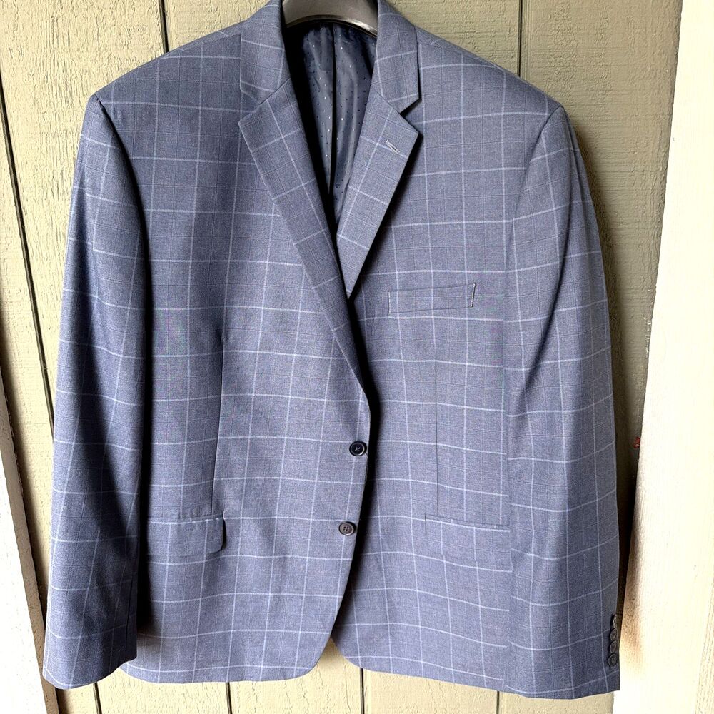 Michael Strahan Sport Coat Men's 52 Short Blue Windowpane Two Button Double Vent